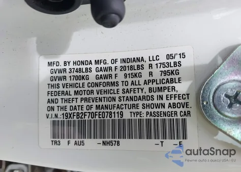 2015 Honda Civic Se from USA, damaged, VIN 19XFB2F70FE078119